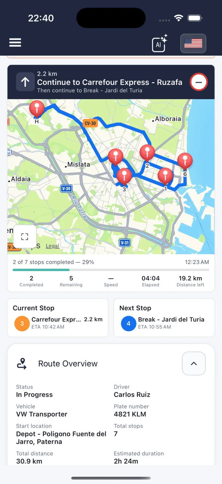 Tent Workspace driver app showing an active route with stop progress, current and next stop and turn-by-turn navigation
